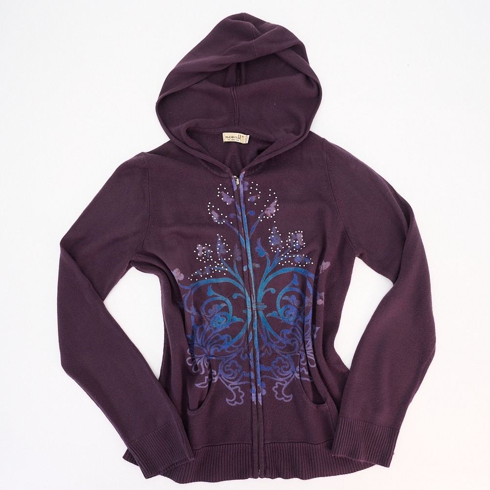 One World Plum Hooded Sweater Floral Graphic Rhinestone Zip Front